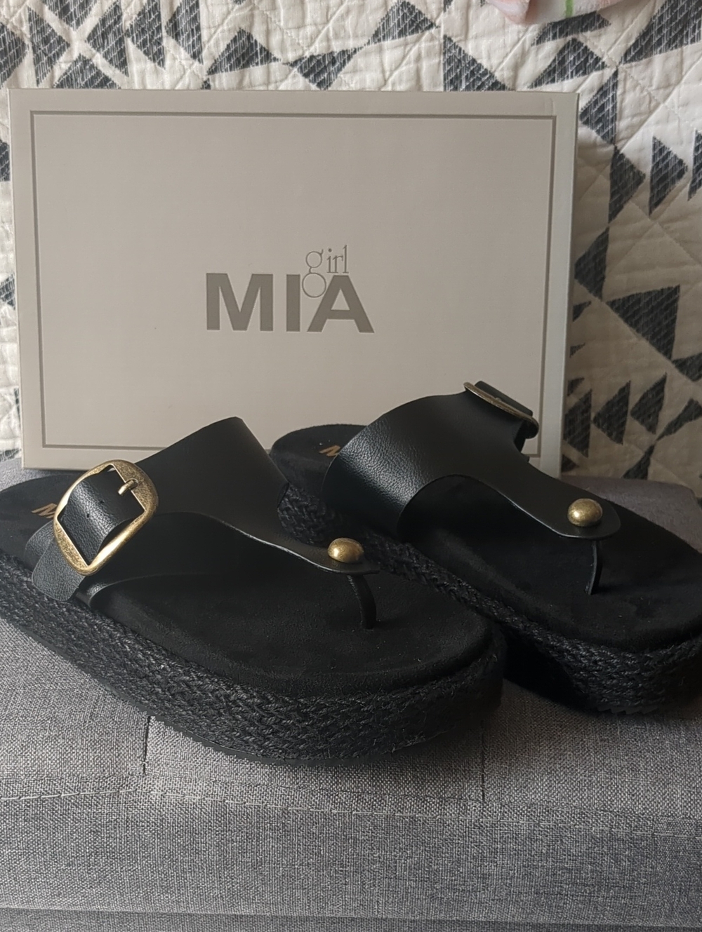 MIA Black Platform Thong Sandals with Gold Buckle Accents